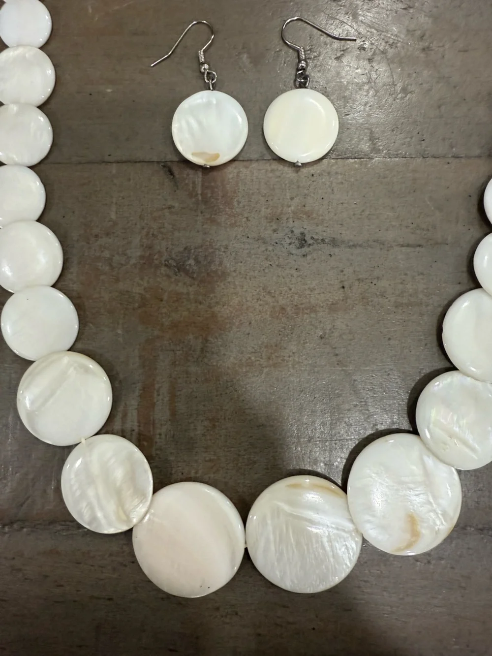 White Shell Disc Statement Necklace & Matching Earrings Set